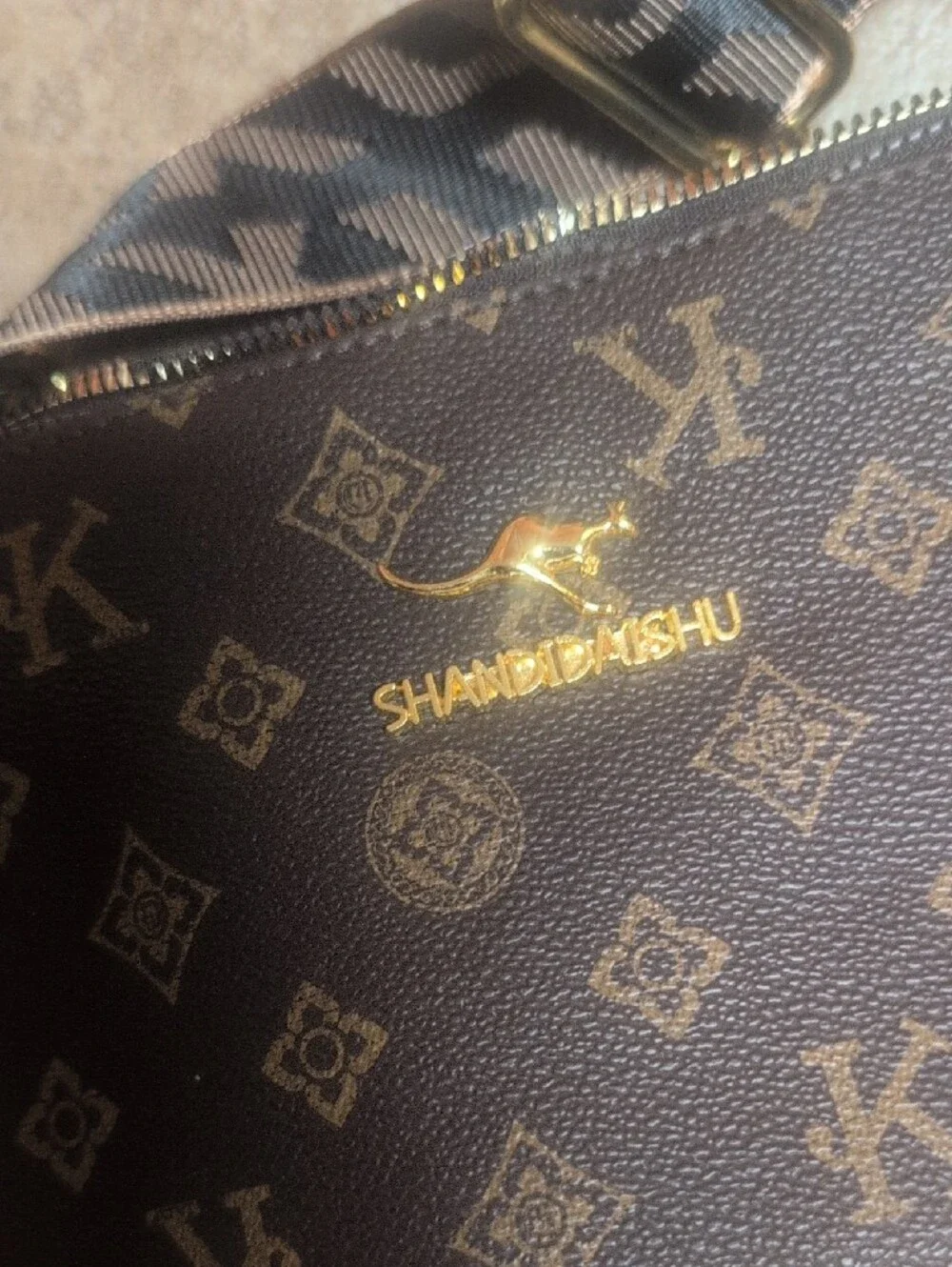 Shandidaishu Brown Monogram Crossbody Bag with Adjustable Strap